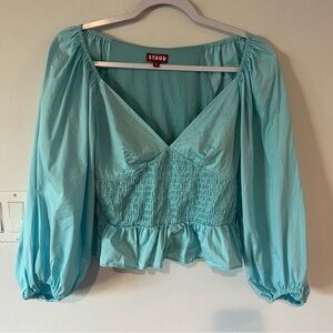STAUD Lucy Blouson Blue Women's XS Aqua Smocked Balloon Sleeve Blouse
